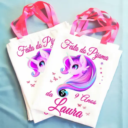 Bolsinha Ecobag Personalizada Festa do Pijama Unicórnio