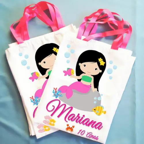 Bolsinha Ecobag Sacolinha Personalizada Sereias Fundo do Mar