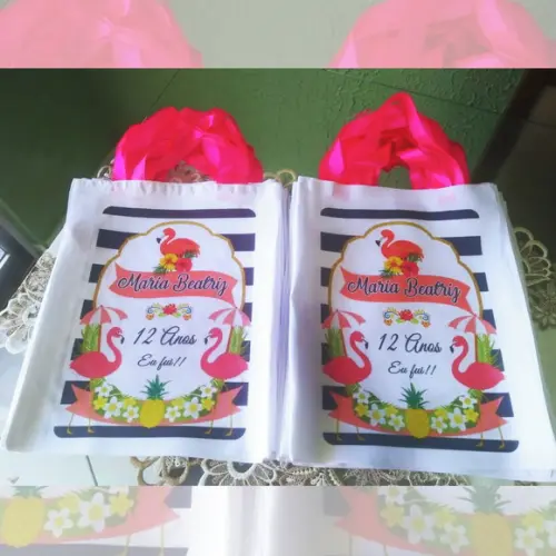 Bolsinha Ecobag Sacolinha Personalizada Tema Flamingos