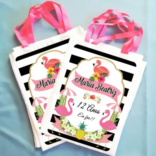 Bolsinha Ecobag Sacolinha Personalizada Tema Flamingos