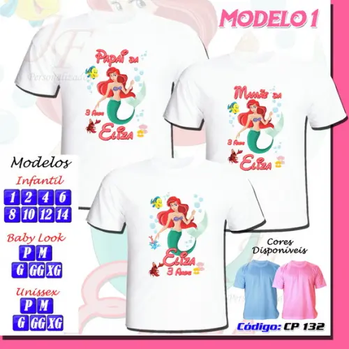 Camiseta Adulto Infantil Ariel Pequena Sereia