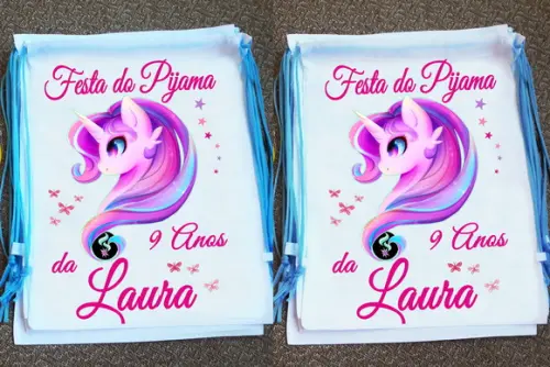 Mochilinha Ecobag Personalizada Festa do Pijama Unicórnio