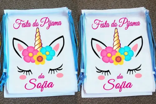 Mochilinha Ecobag Personalizada Festa do Pijama Unicórnio