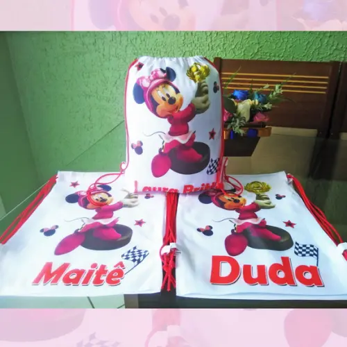 Mochilinha Ecobag Sacochila Personalizada Minnie Velocista