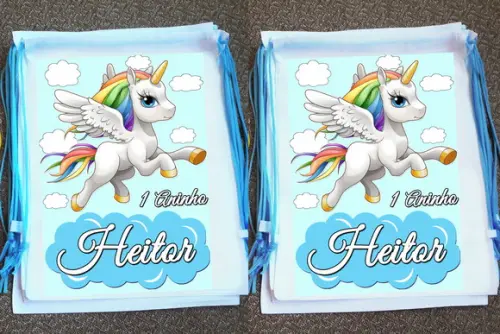 Mochilinha Ecobag Sacochila Personalizada Unicórnio Meninos