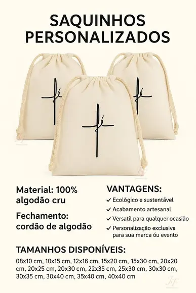 Saquinhos 15 x 30cm Personalizados Algodão Cru Lembrancinhas