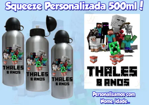 Squeeze Garrafinha Alumínio 500 ml Personalizada Minecraft
