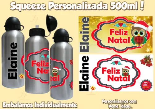 Squeeze Garrafinha Alumínio 500 ml Personalizada Natal