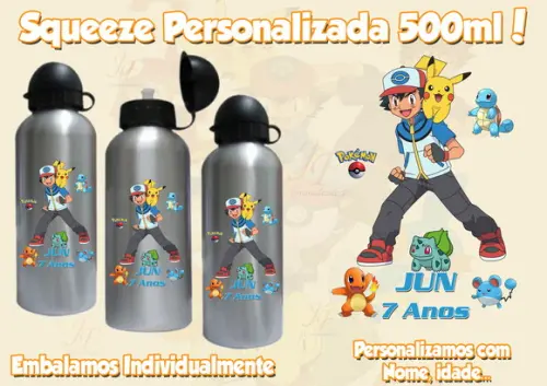Squeeze Garrafinha Alumínio 500 ml Personalizada Pokemon