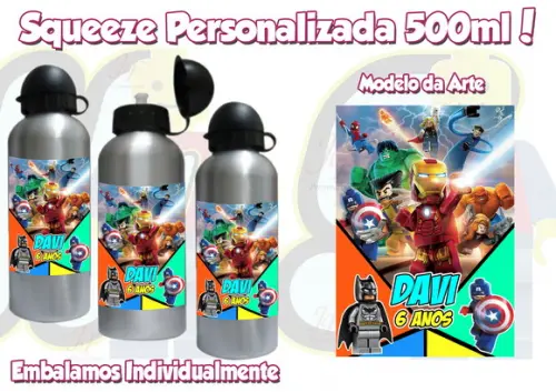 Squeeze Garrafinha Alumínio 500 ml Personalizada Tema Lego