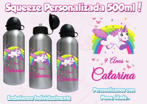 Squeeze Garrafinha Alumínio Personalizada 500 Ml Unicórnio