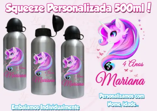 Squeeze Garrafinha Alumínio Personalizada 500 Ml Unicórnio