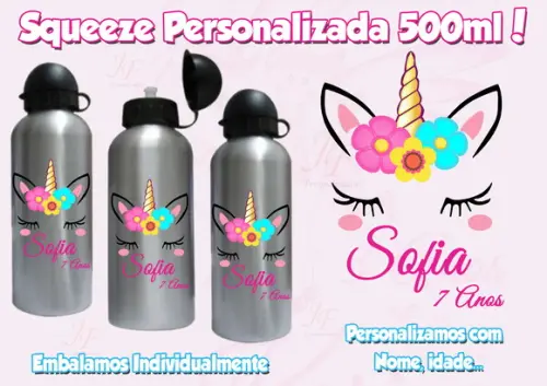 Squeeze Garrafinha Alumínio Personalizada 500 Ml Unicórnio