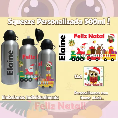 Squeeze Garrafinha Alumínio Personalizada Natal Ano Novo