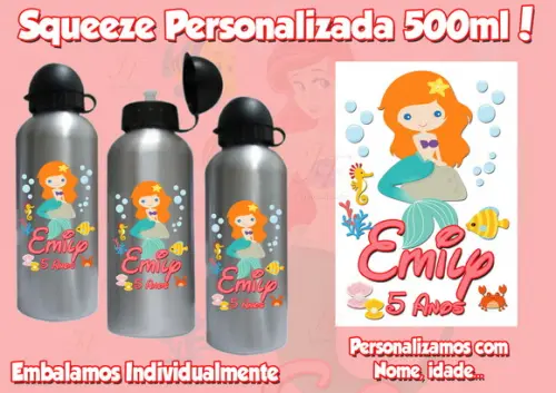 Squeeze Garrafinha Alumínio Personalizada Pequena Sereia