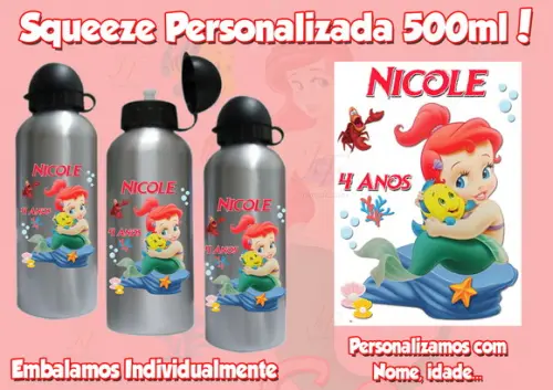 Squeeze Garrafinha Alumínio Personalizada Pequena Sereia