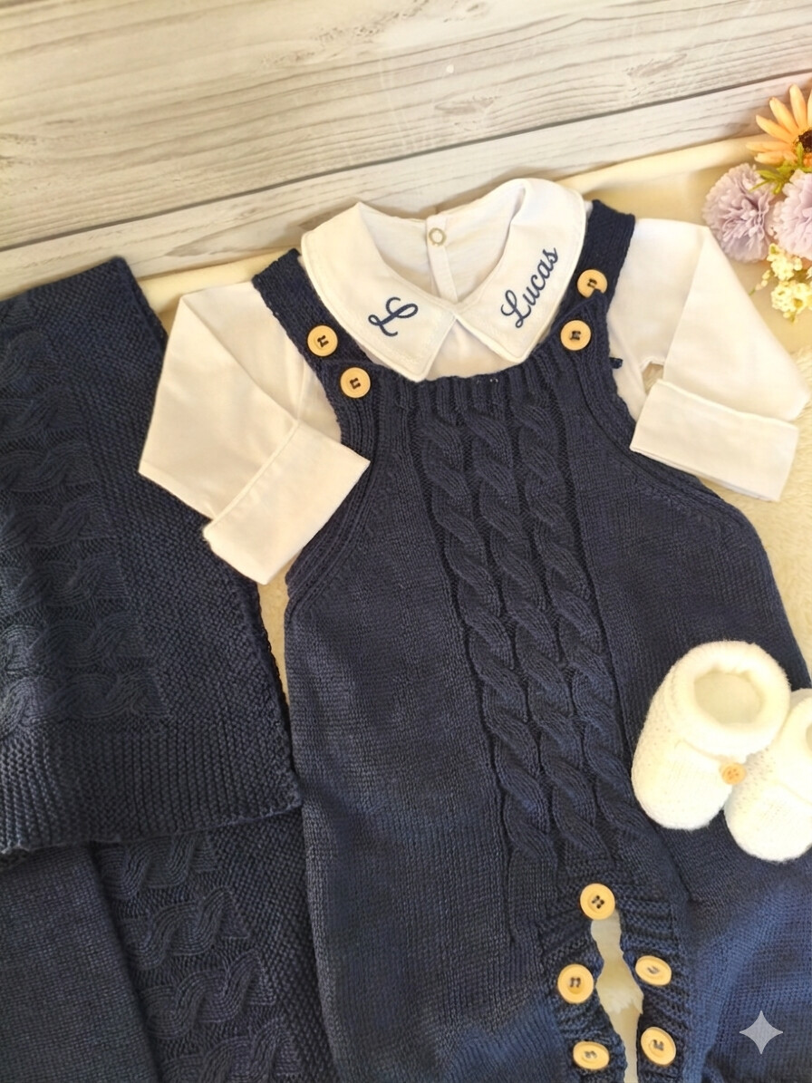 Saída Maternidade Azul marinho kit 4 peças Personalizado Bordad