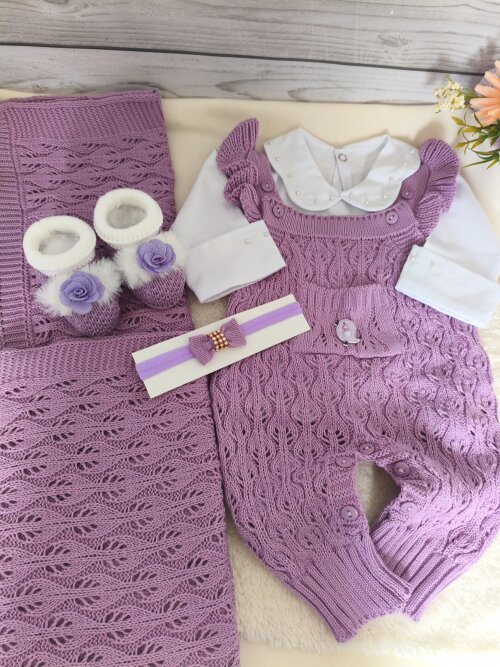 Saída Maternidade Personalizada  Lilás luxo com nome do bebe 5 peças
