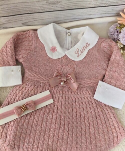 Saída Maternidade Personalizada em tricot  Rose Com nome Bordado kit 5 peças