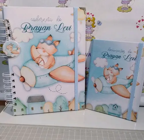 Kit Maternidade Caderneta/pasta Plástica Raposinha Aviador