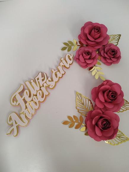 Arquivo de Corte Topo de Bolo Feliz Aniversario Rosas Pink