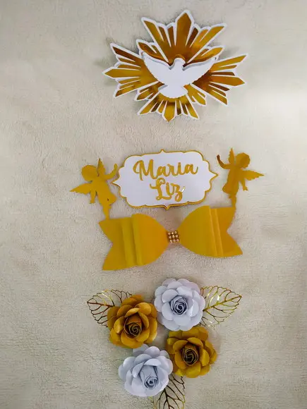 Arquivo de Corte Topo de Bolo Batizado Anjos Flores Laço
