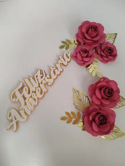 Arquivo de Corte Topo de Bolo Feliz Aniversario Rosas Pink