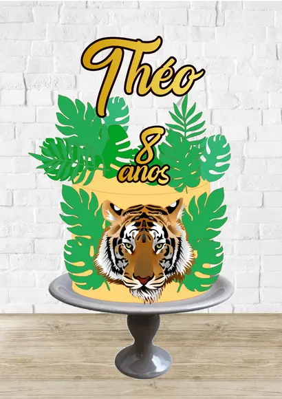 Arquivo de Corte Topo de Bolo Tigre Folhagem