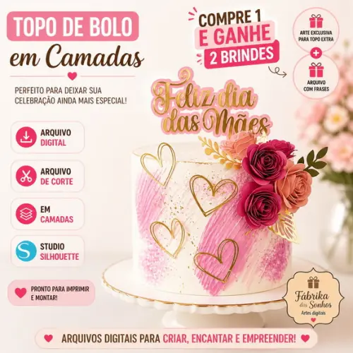 Topo de Bolo Dia das Mães Flores em Camadas