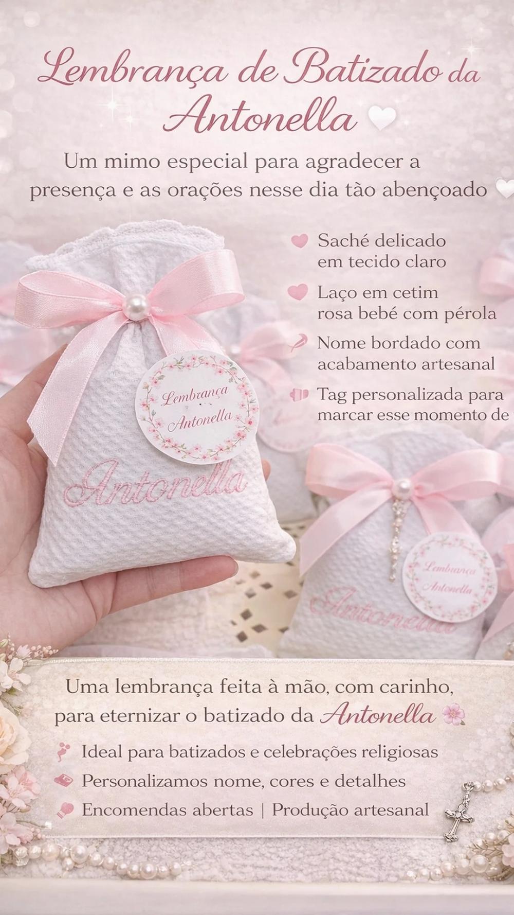 10 Sache Perfumado bordado com nome para Lembrancinha de batizado