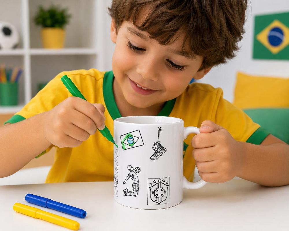 Caneca Infantil para Colorir Copa do Mundo Brasil com Canetinhas