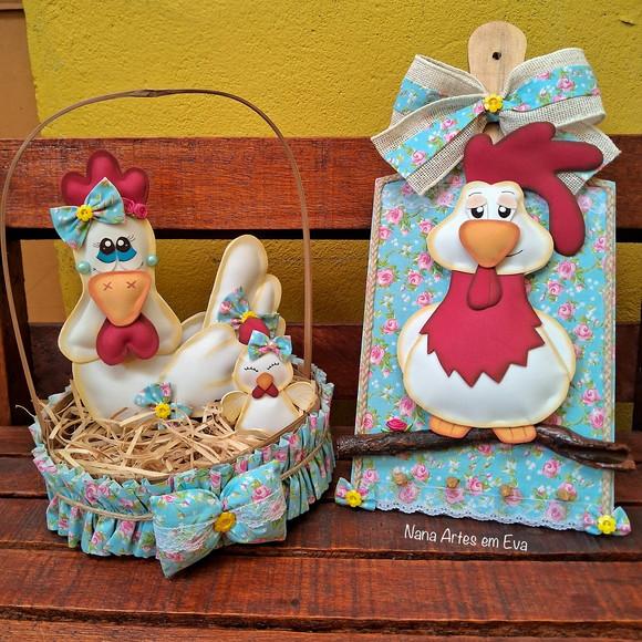 Kit Cesta Porta Ovos com Galinha e Tábua Porta Chaves com Ga