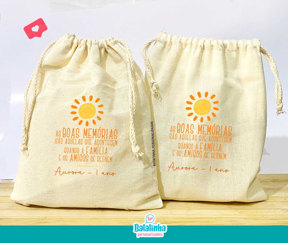 Saquinho algodão Minha Primeira Volta ao Sol personalizado lembr