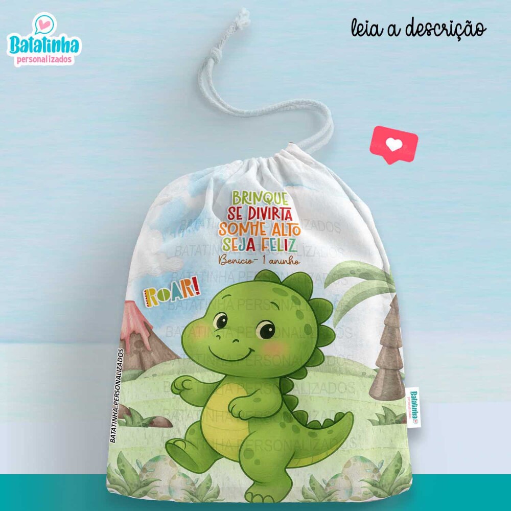 Saquinho Dinossauro Personalizado com Nome Lembrancinha Festa Inf