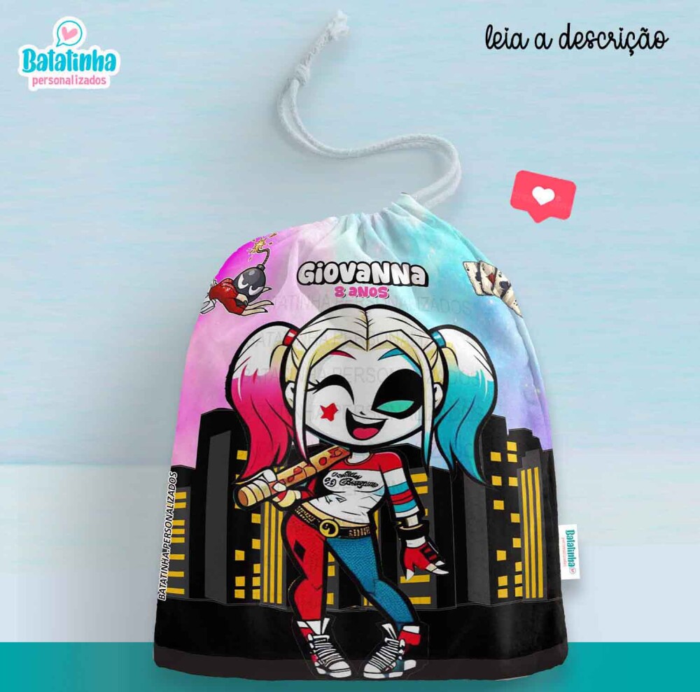 Saquinho Arlequina Personalizado com Nome Lembrancinha Festa Infa