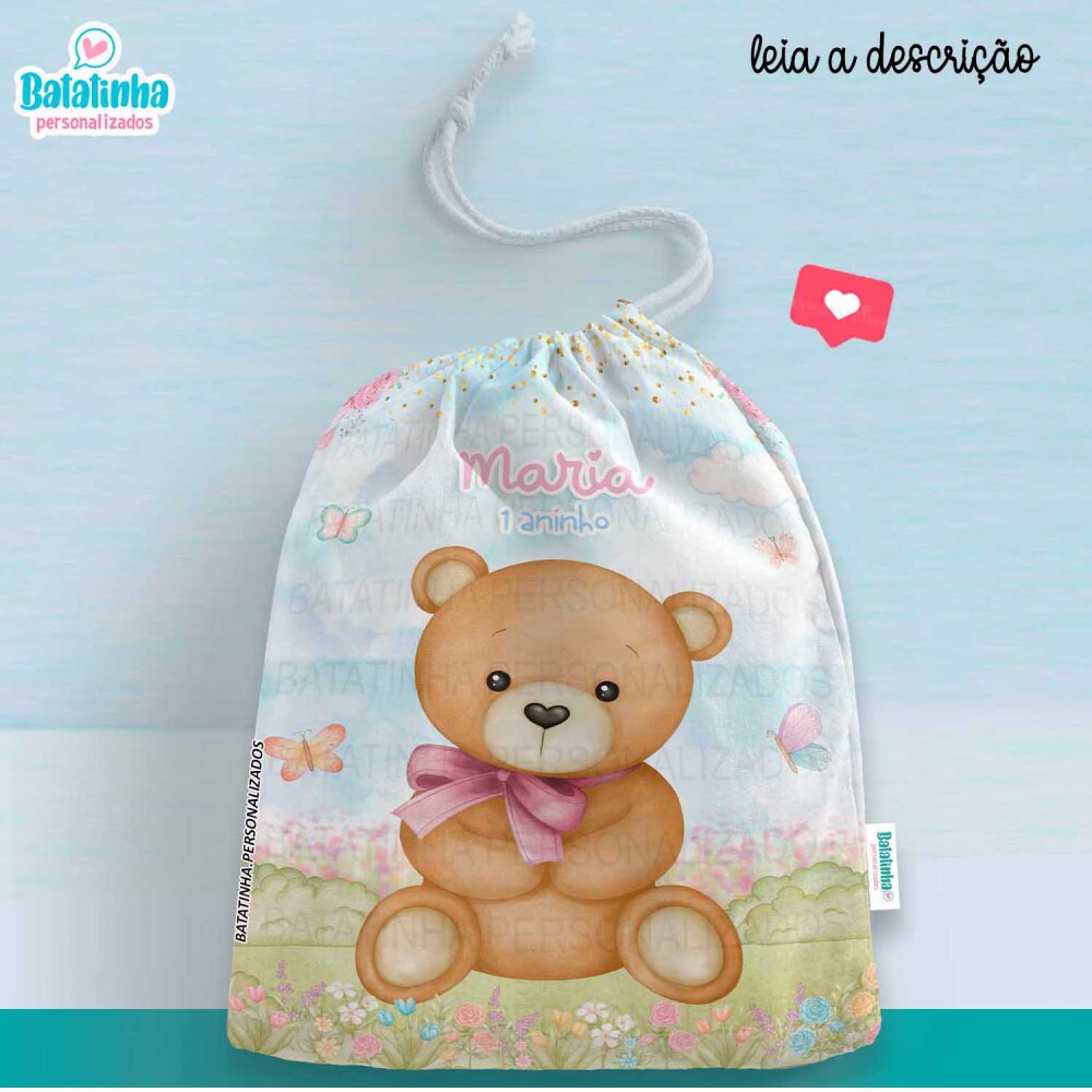 Saquinho Ursinha Personalizado com Nome Lembrancinha Festa Infant