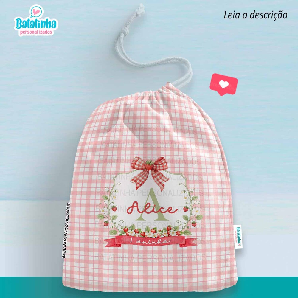 Saquinho Personalizado Morango com Nome Lembrancinha Festa Infant
