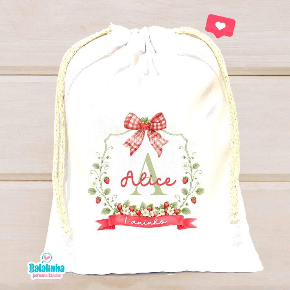 Saquinho Personalizado Morango com Nome Lembrancinha Festa Infant