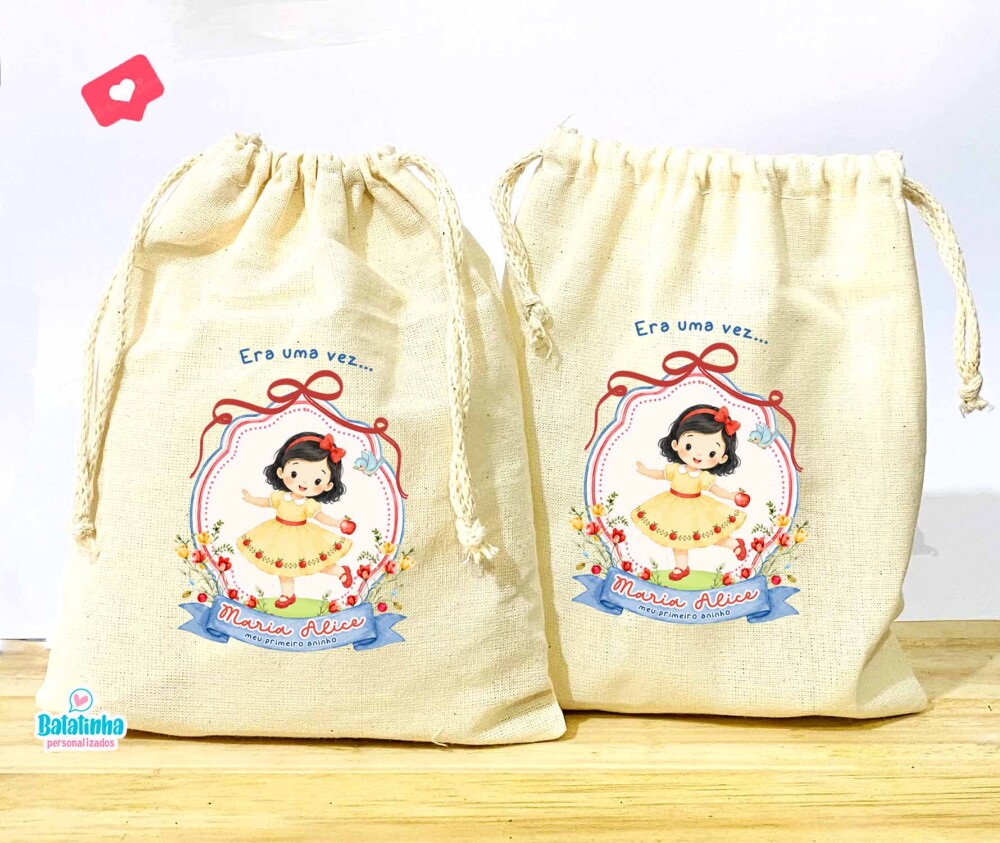 Saquinho de Algodão Personalizado Branca de Neve com Nome Lembra