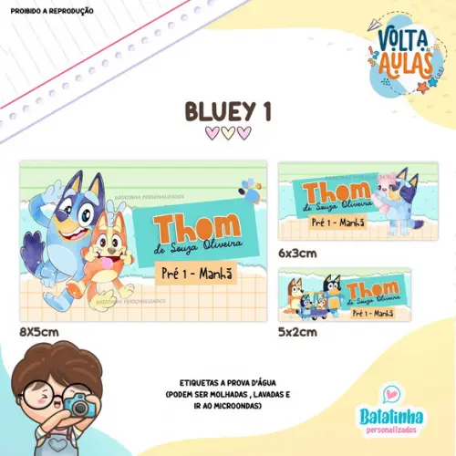 Etiqueta Escolar à Prova D'agua - Bluey