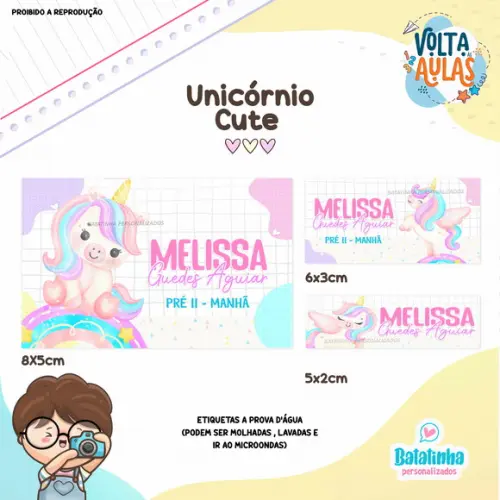 Kit Etiquetas Escolares à Prova D'agua - Unicórnio Cute