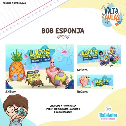 Etiqueta Escolar à Prova D'agua Bob Esponja
