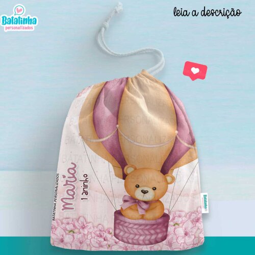 Saquinho Ursinha Baloeira Personalizado com Nome Lembrancinha Festa Infantil