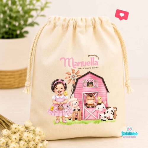 Saquinho algodão Fazendinha Rosa personalizado lembrancinha festa infantil