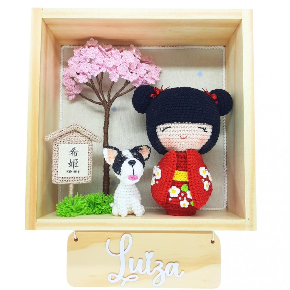 Enfeite porta maternidade oriental Kokeshi, sakurá e cachorrinho
