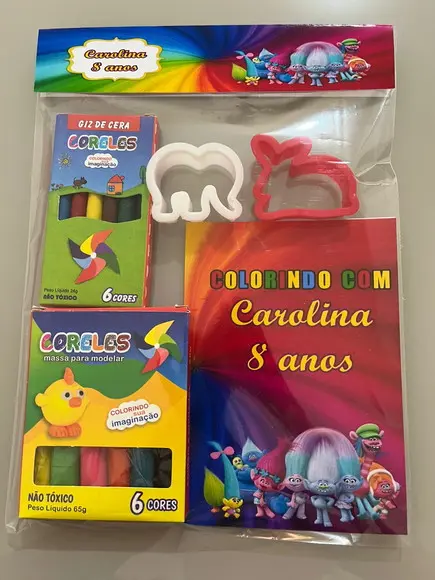 Kit para Colorir + Kit Massinha com Giz de Cera Trolls