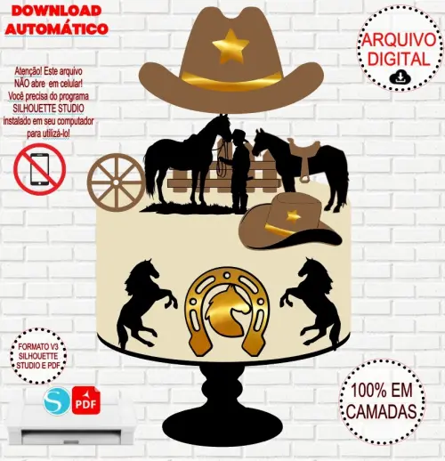 Arquivo de Corte Topo de Bolo Boiadeiro / Cowntry / Cowboy em Cam