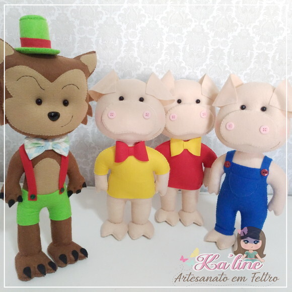 Kit Lobo Mau e os 3 Porquinhos - Bonecos em Feltro