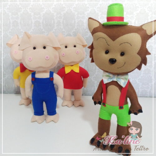 Kit Lobo Mau e os 3 Porquinhos - Bonecos em Feltro