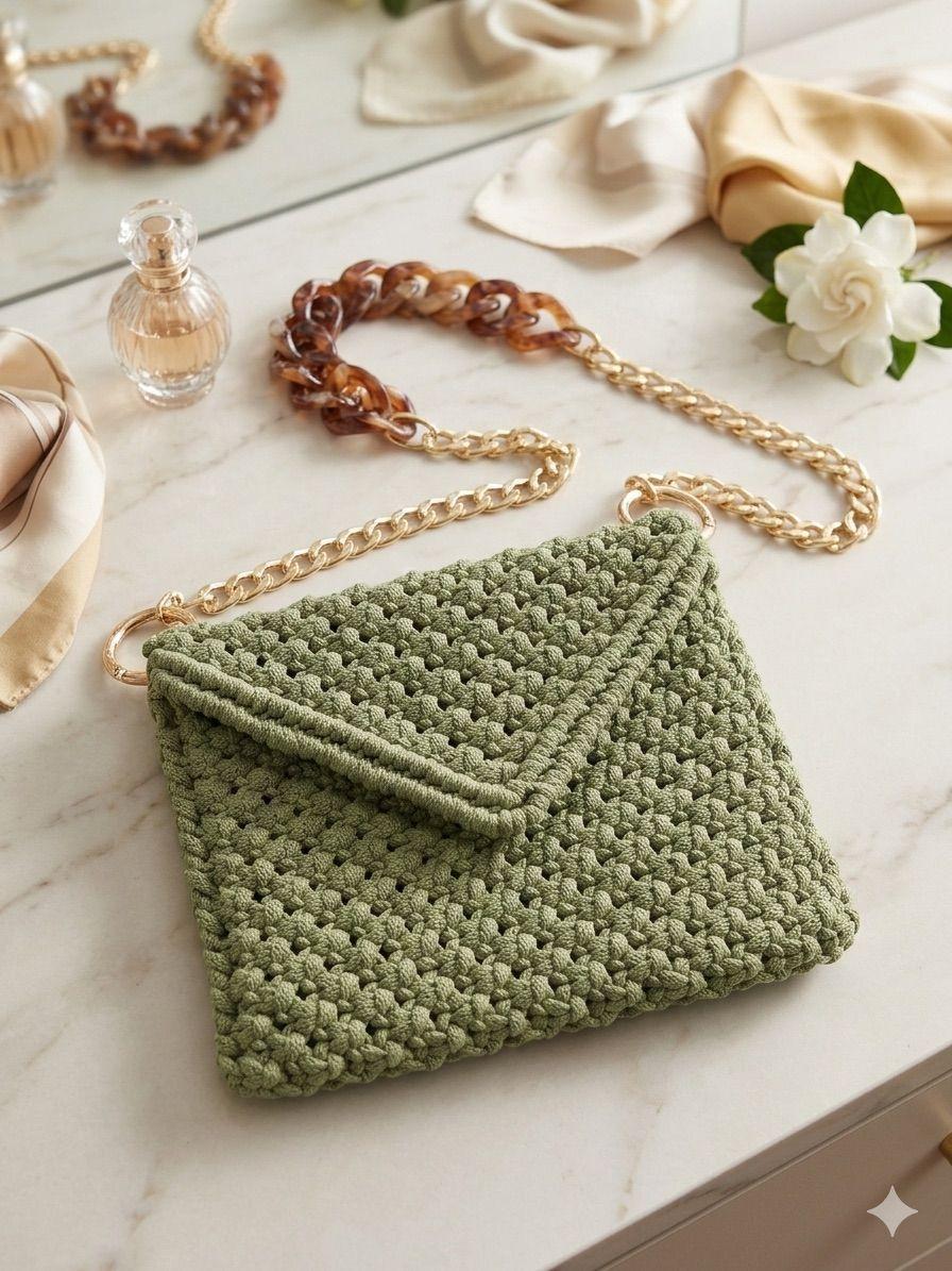 clutch em macramê verde pistache com alça em resina (peça úni